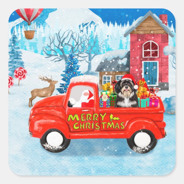 Sticker Carré Livraison de Noël de chien Havanais Camion neige (Devant)