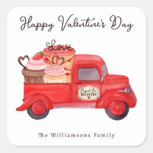 Sticker Carré Livraison de Saint Valentin Cupid Camion d'aquarel