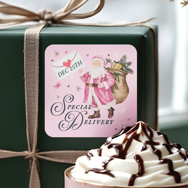 Sticker Carré Livraison spéciale Pink Retro Père Noël (Special Delivery Pink Retro Santa Claus Christmas Square Sticker)