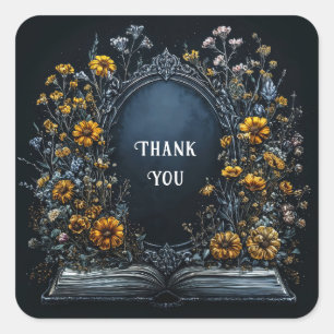 Sticker Carré Livre à cadre argenté orné et fleur sauvage jaune