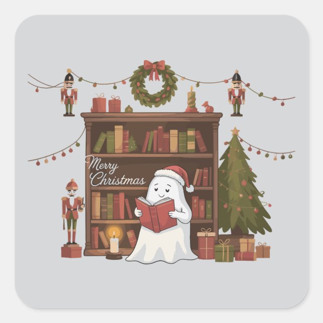 Sticker Carré Livre de lecture de fantôme mignon Lecture de Noël (Devant)