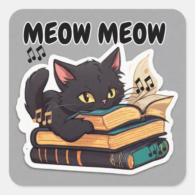 Sticker Carré Livre de lecture de Meow Meow Cat (Devant)