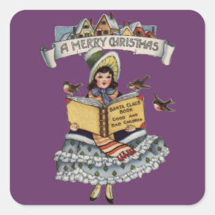 Sticker Carré Livre de petite fille d'époque et Père Noël de Noë