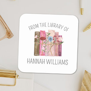 Sticker Carré Livre rose fleur de la bibliothèque de plaques