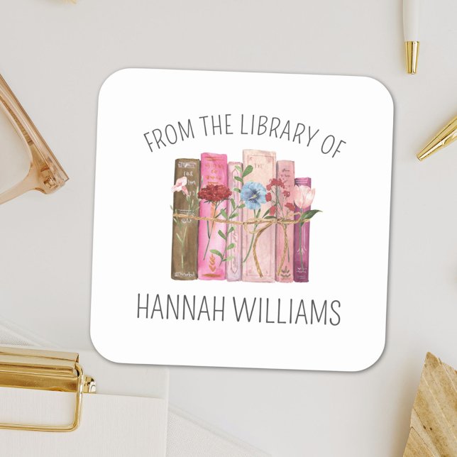 Sticker Carré Livre rose fleur de la bibliothèque de plaques (In situ)