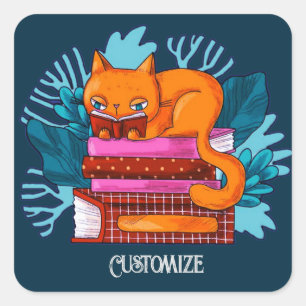 Sticker Carré Livres Approuvés Personnalisés Chat Turquoise