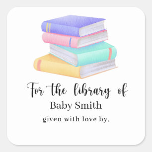 Sticker Carré Livres aquarelle - Bibliothèque Baby Shower