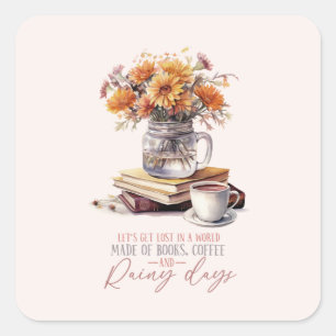 Sticker Carré Livres, café et jours pluvieux