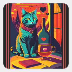 Sticker Carré Livres Chat Sunset Et Vin
