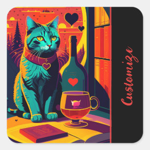 Sticker Carré Livres Et Vins Personnalisés Sunset Cat