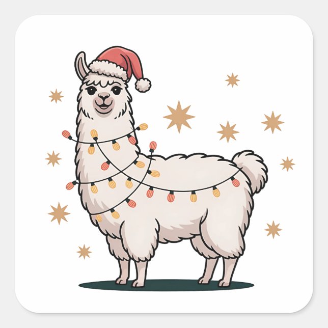 Sticker Carré Llama Alpaca With Santa Hat And Christmas Light (Devant)