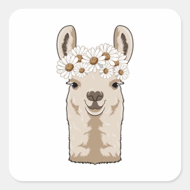 Sticker Carré Llama aux fleurs blanches (Devant)