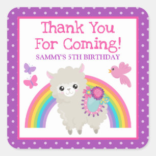 Sticker Carré Llama de printemps fleuri et anniversaire arc-en-c