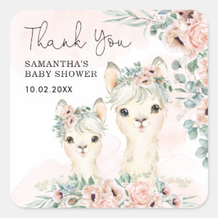Sticker Carré Llama florale Eucalyptus Baby Girl Merci