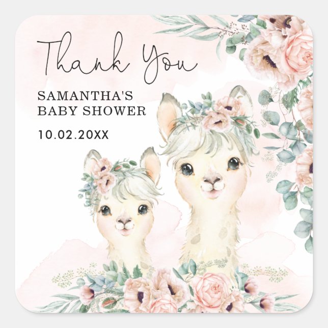 Sticker Carré Llama florale Eucalyptus Baby Girl Merci (Devant)