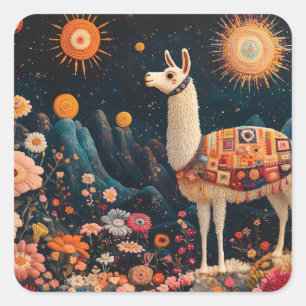Sticker Carré Llama lunaire dans un paysage floral étoilé