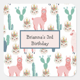 Sticker Carré Llama rose mignonne et cactus vert personnalisés