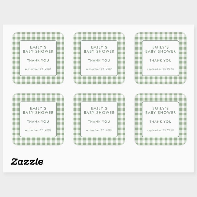 Sticker Carré Locally Grown Sage Gingham Baby Shower Thank You (Feuille)