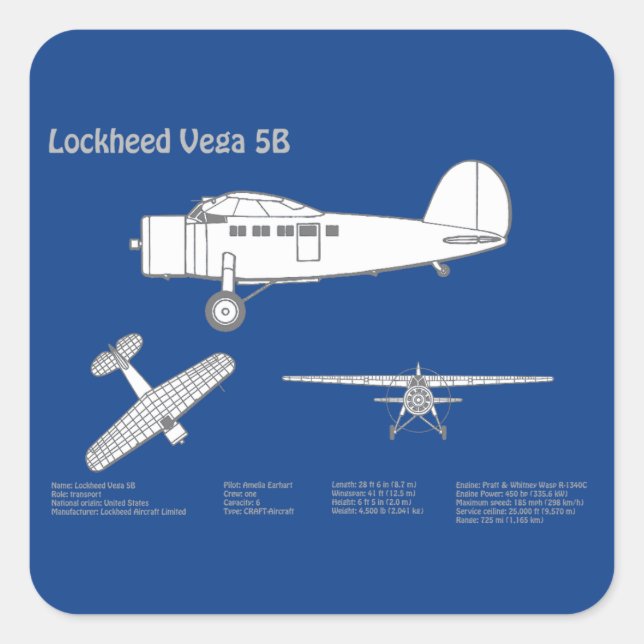 Sticker Carré Lockheed Vega 5B - Plans d'avion ABD (Devant)