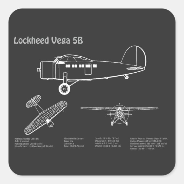 Sticker Carré Lockheed Vega 5B - Plans d'avion PD (Devant)