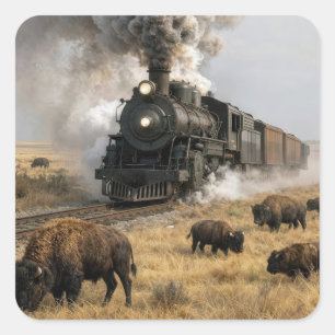 Sticker Carré Locomotive à vapeur avec des bisons qui paissent