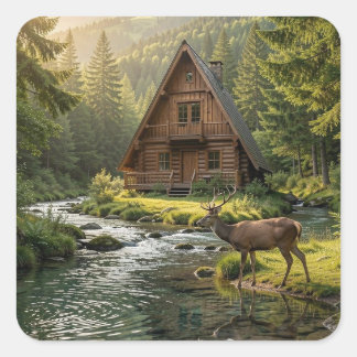 Sticker Carré Log Cabin, Stream, Mountains and Deer Nature Art