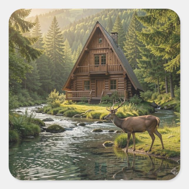 Sticker Carré Log Cabin, Stream, Mountains and Deer Nature Art (Devant)