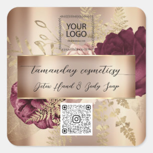 Sticker Carré Logo de code QR Photo Produit Rose Floral Bourgogn