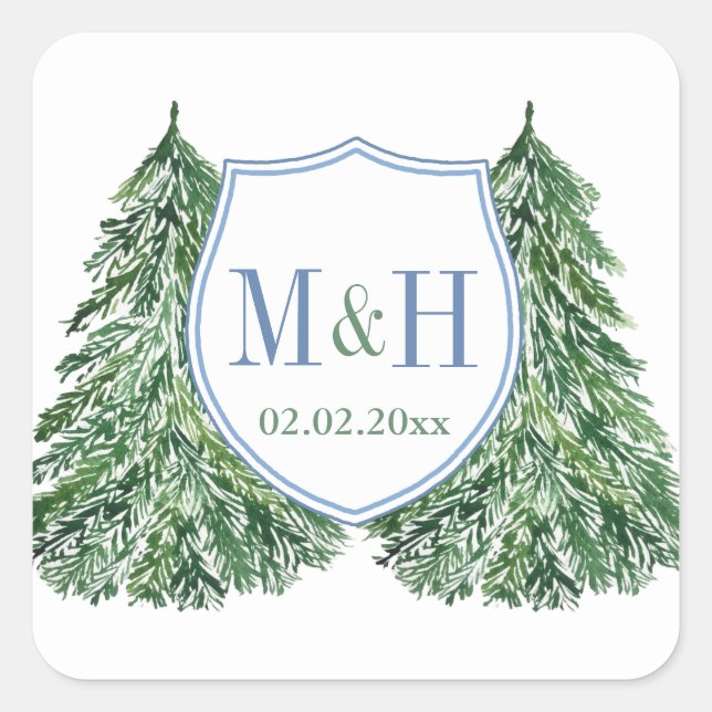 Sticker Carré Logo De Mariage D'Hiver Élégant Forêt Bleue Et Ver (Devant)