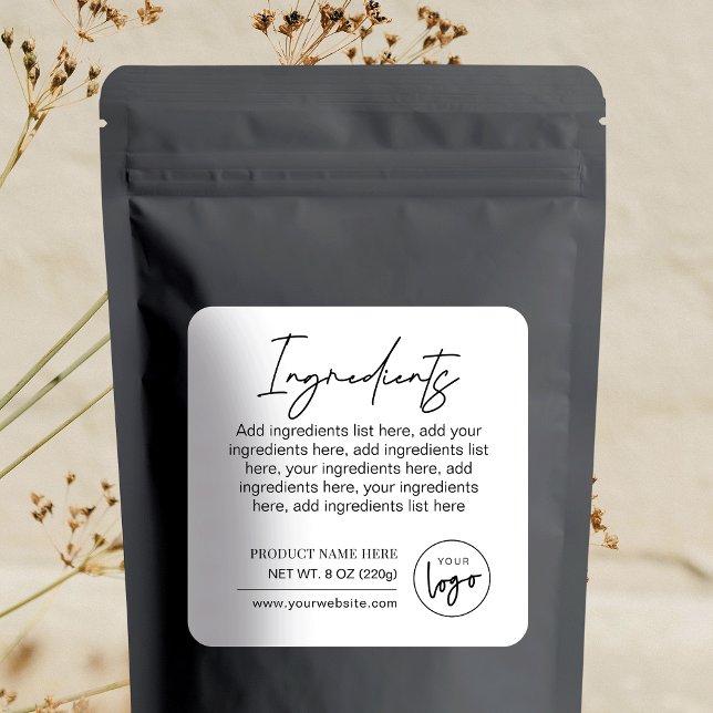 Sticker Carré Logo de marque moderne noir blanc Ingrédients (Simple ingredients sticker with your logo, can be used on boxes, pouches, boxes etc.)