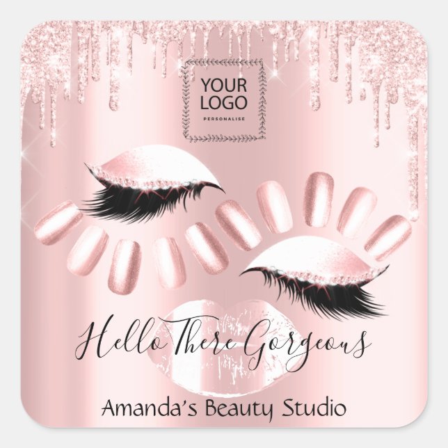 Sticker Carré Logo de QRCoce Rose Drips Kiss Nails Lashes Produi (Devant)