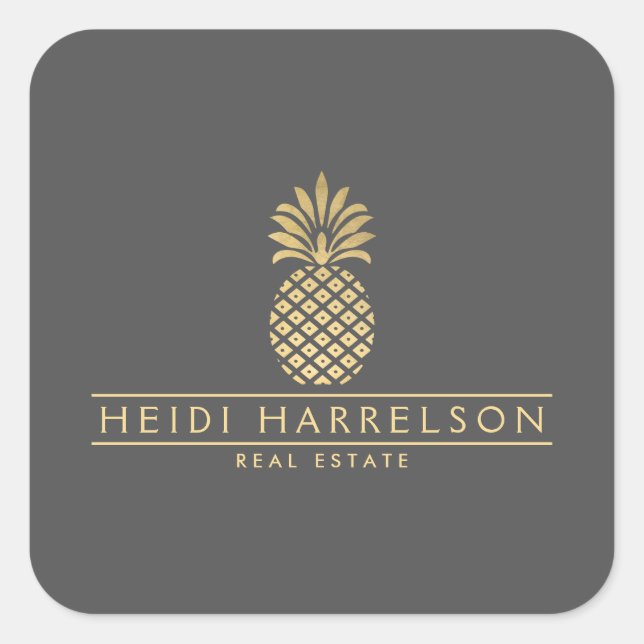 Sticker Carré Logo élégant d'ananas doré sur fond gris (Devant)