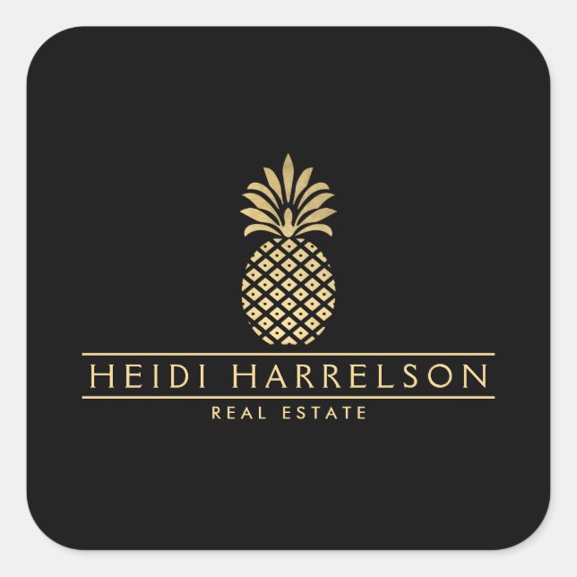 Sticker Carré Logo élégant d'ananas doré sur fond noir (Devant)