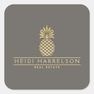 Sticker Carré Logo élégant d'ananas doré sur taupe