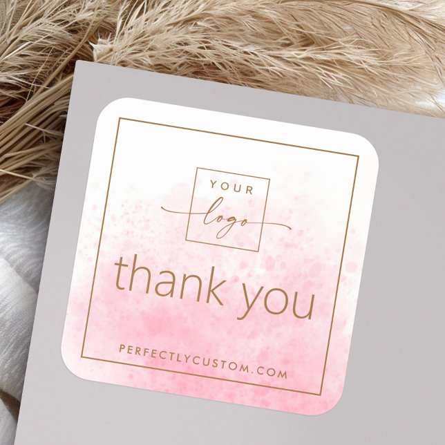 Sticker Carré Logo Elegant rose blanc aquarelle merci (Elegant pink white watercolor logo thank you square sticker)