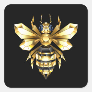Sticker Carré Logo Faux Gold Foil Bee Polygonal sur Noir