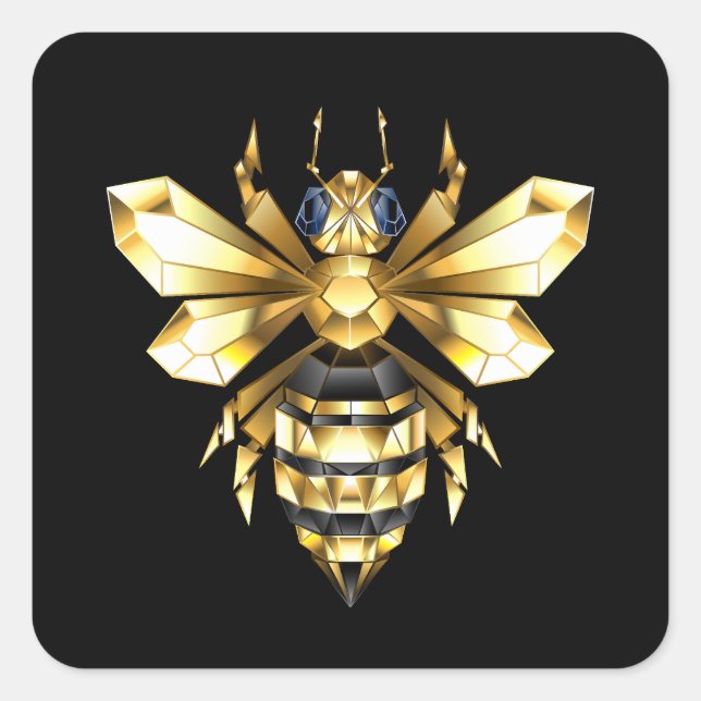 Sticker Carré Logo Faux Gold Foil Bee Polygonal sur Noir (Devant)
