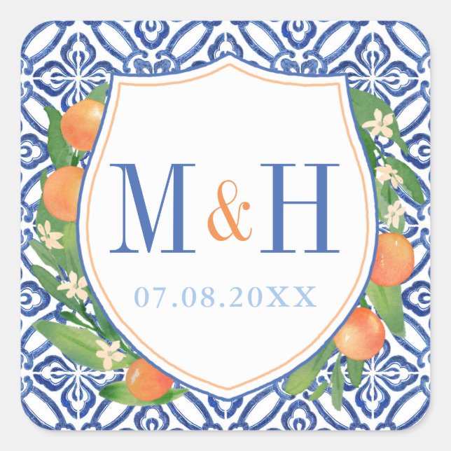 Sticker Carré Logo Mariage Citrus; Oranges Avec Carreaux Bleus (Devant)