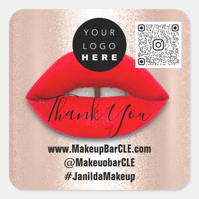 Sticker Carré Logo QR Code Nom Merci Shopping Red Lips Rose (Devant)
