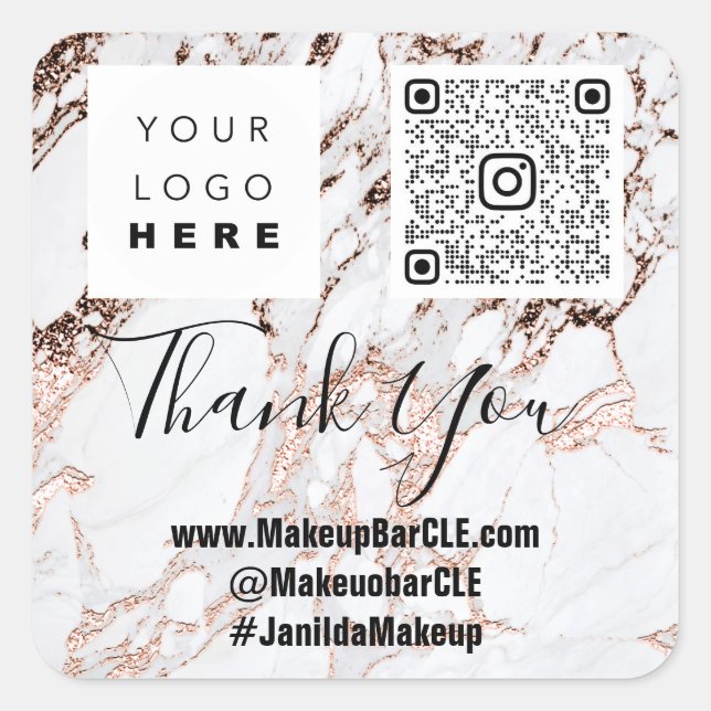 Sticker Carré Logo QRCode Nom Remerciements Shopping Marbre Rose (Devant)