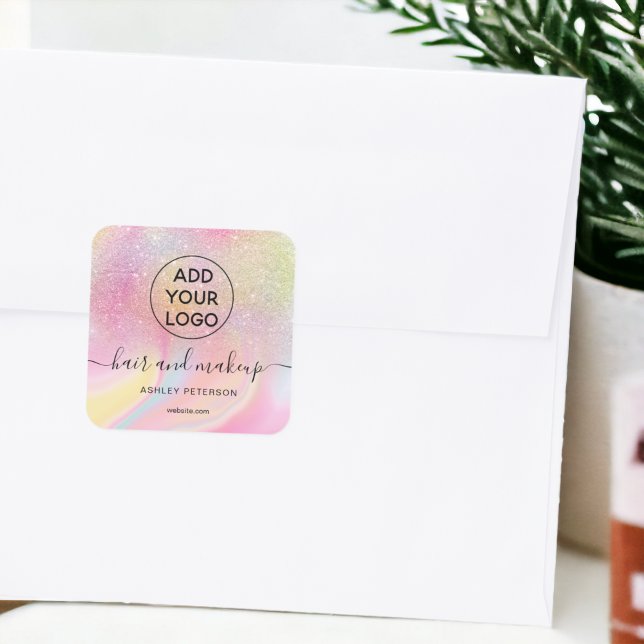 Sticker Carré Logo rose arc-en-ciel parties scintillant marbre c (Logo pink rainbow glitter marble chic hair makeup square sticker)