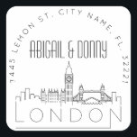 Sticker Carré Londres Destination Wedding<br><div class="desc">Gagnez du temps et faites une impression en envoyant vos invitations de mariage. Ces autocollants d'enveloppe pré-adressés se présentent dans un style élégant mais moderne décoré sur le thème et présentent une illustration de la ville de Londres et de son skyline unique. Les couleurs neutres sont adaptées pour compléter une...</div>