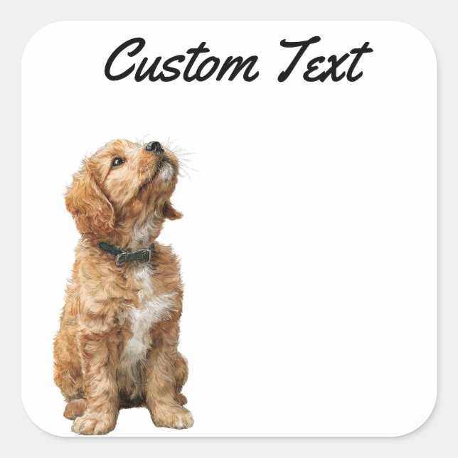 Sticker Carré Looking Up Puppy-3 | Personalized Custom Text (Devant)