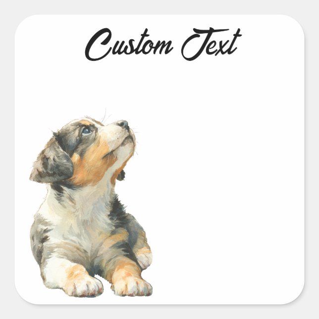 Sticker Carré Looking Up Puppy | Personalized Custom Text (Devant)