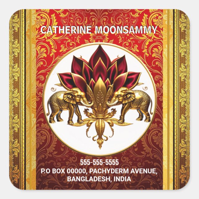 Sticker Carré Lotus flower Hindi éléphants retour adresse do-it- (Devant)