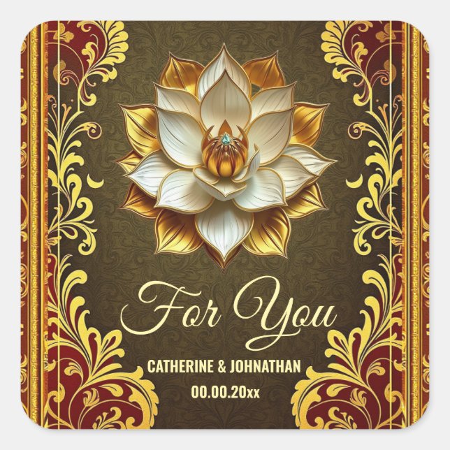 Sticker Carré Lotus flower Hindi floral bordeaux or indien (Devant)