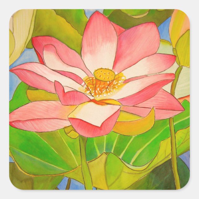 Sticker Carré Lotus rose nénuphar aquarelle peinture (Devant)