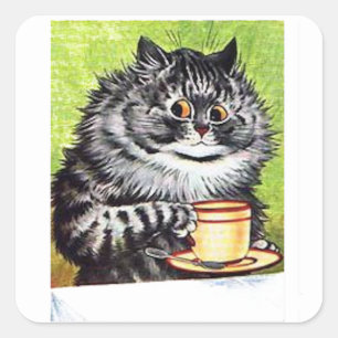 Sticker Carré Louis Wain, Cat and Coffee Cup,
