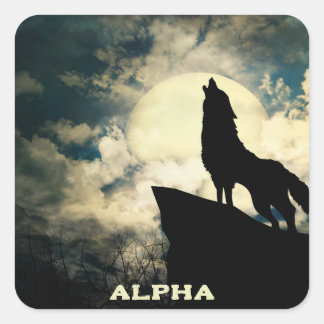 Sticker Carré Loup Alpha Hurleur à la pleine lune 
