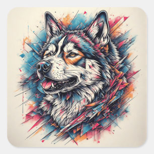 Sticker Carré Loup avec des éléments géométriques et des couleur